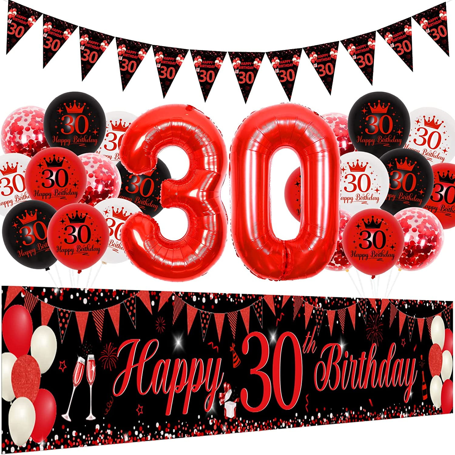 30th Birthday Decorations Red and Black for Men Women, 30 Birthday Party Supplies with Happy 30th Birthday Yard Banner 9.8 x 1.6ft Confetti Foil Balloons Triangle Flag for 30th Birthday Party Decor