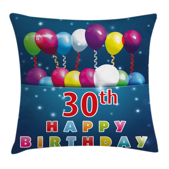 30th Birthday Decorations Throw Pillow Cushion Cover, Colorful Flying Balloons and Curly Ribbons on Starry Background, Decorative Square Accent Pillow Case, 20 X 20 Inches, Multicolor, by Ambesonne