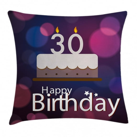 30th Birthday Decorations Throw Pillow Cushion Cover, Graphic Cake with Candles on Abstract Bokeh Background, Decorative Square Accent Pillow Case, 16 X 16 Inches, Pink Navy Blue White, by Ambesonne