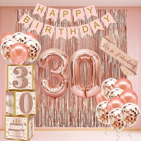 30th Birthday Decorations Women, Happy 30th Birthday Banner, Balloon Box, Sash And Number Balloon, Rose Gold 30 Birthday Party Decorations For Women