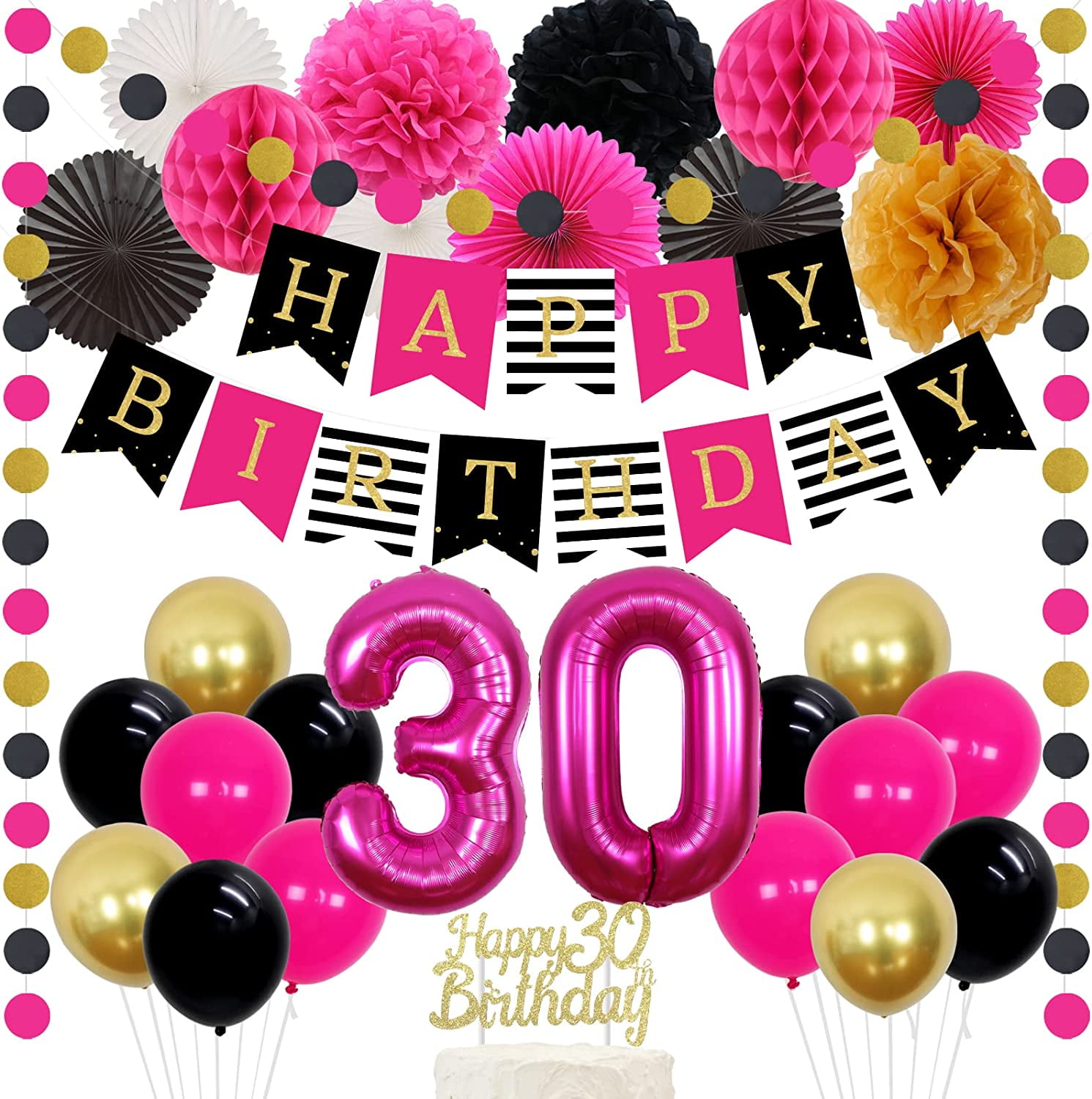 30th Birthday Decorations for Women Hot Pink and Black Gold Happy Birthday  Bunting Banner Tissue Pom Poms Paper Fans Circle Dots Fantastic 30 Birthday  Party Supplies - Walmart.com, image size:1491x1500