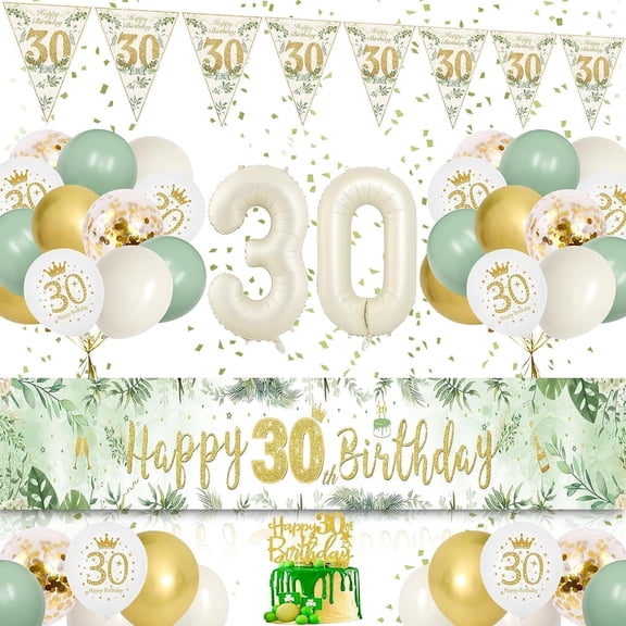 30th Birthday Decorations for Women Men, 30th Birthday Party Decoration with Green Gold Happy 30th Birthday Banner, Green Gold Balloons Confetti Balloons, Number 30 Balloon Triangle Flag
