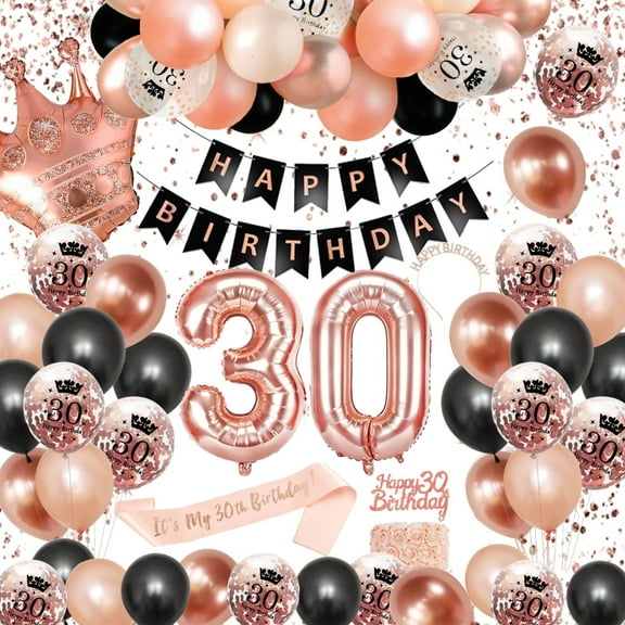 30th Birthday Decorations for Women, Rose Gold Balloons Set with Balloons Happy 30th Birthday Banner Sash Tiara Confetti Balloons, 30 Birthday Party Decor