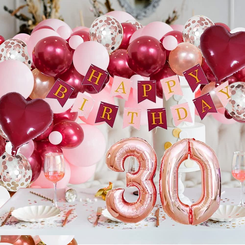 30th Birthday Decorations for Women, Rose Gold 30th Birthday for Her, Wine Red Happy 30 Birthday