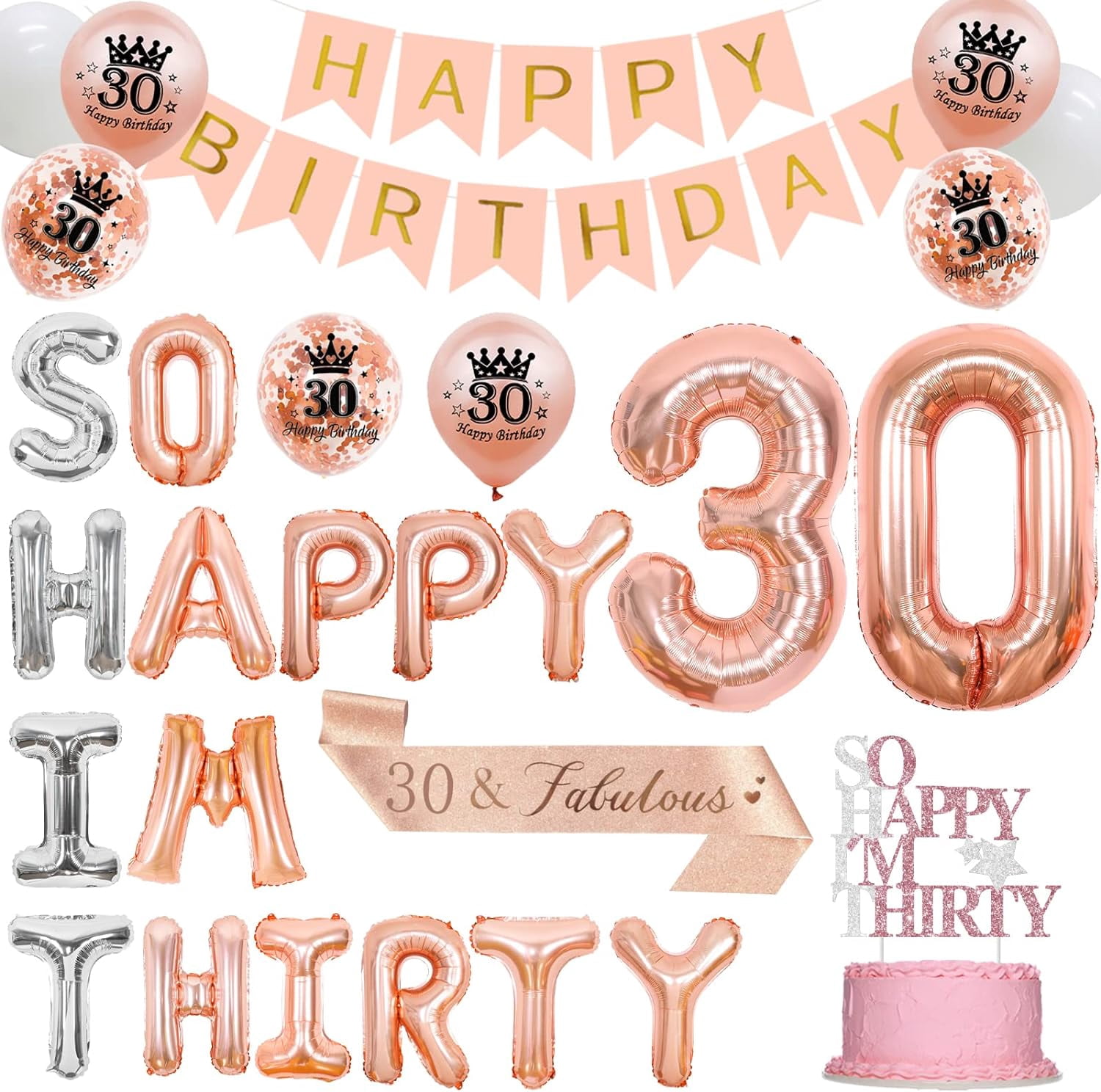 30th Birthday Decorations Black Strip,30th Happy Birthday Banner Balloon,30 Balloons Silver Black Agate Balloons Party for Man Woman 30th Birthday