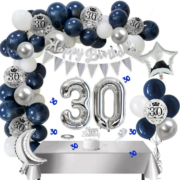 30th Birthday Decorations for Men, Navy Blue Silver Balloons Garland Kit with 30 Balloon 30th Happy Birthday Triangle Flag Banner Cake Topper