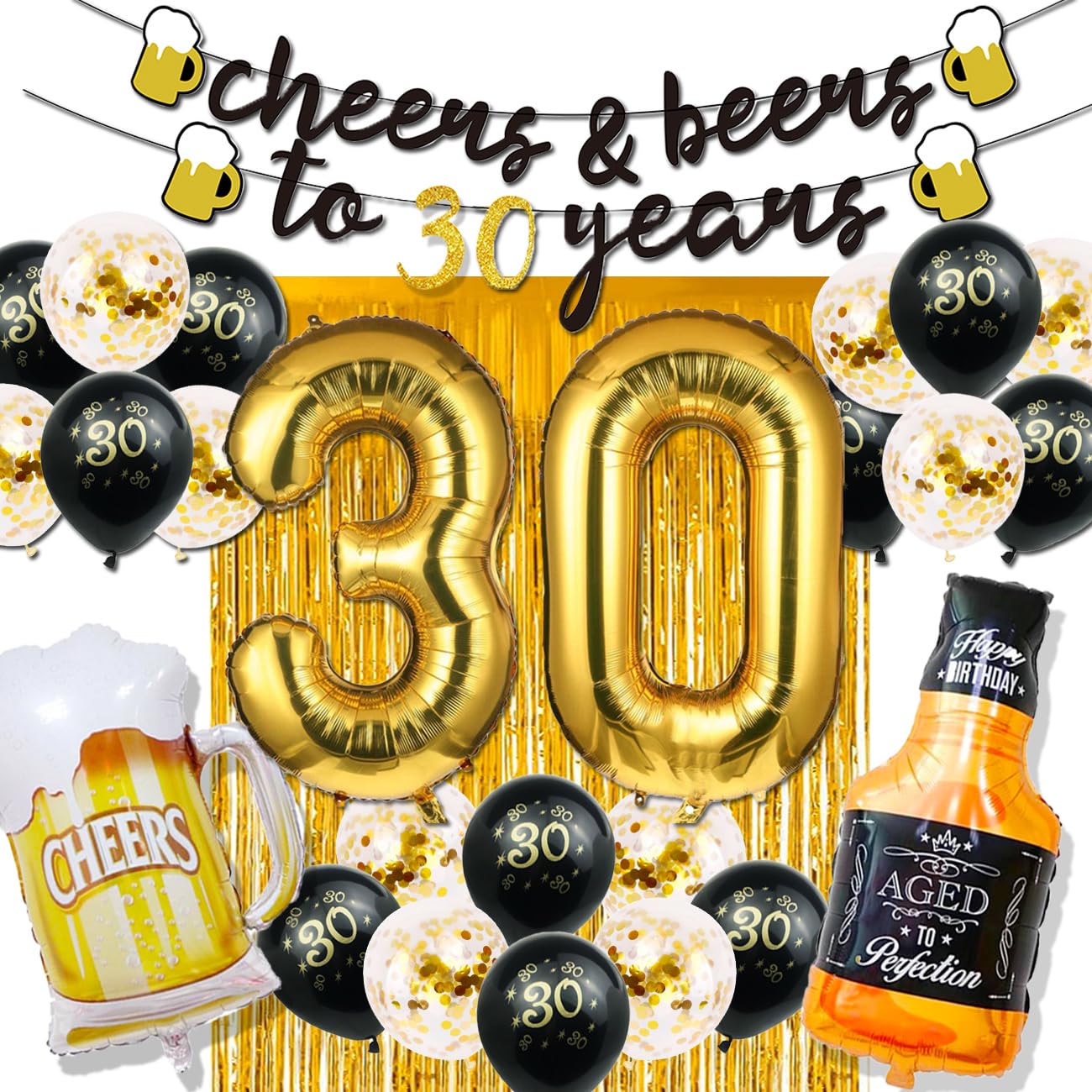 Cheers To 30 Years Party Banner – Schwarz-goldenes Hintergrundbanner 1.9x1.1 M Für 30. Geburtstag Oder Jubiläum