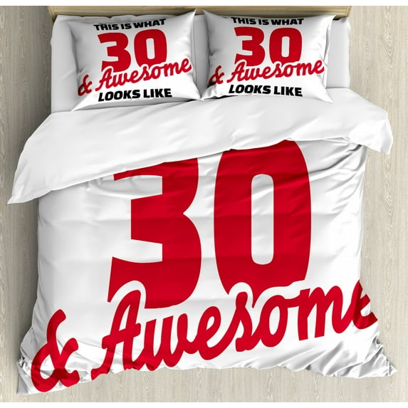 30th Birthday Duvet Cover Set, 30 and Words Milestone Anniversary Theme, Decorative 3 Piece Bedding Set with 2 Pillow Shams, Queen Size, Red Black and White, by Ambesonne