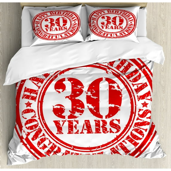 30th Birthday Duvet Cover Set, Grunge Vintage Rubber Stamp Congratulation Retro Old Fashioned Design, Decorative 3 Piece Bedding Set with 2 Pillow Shams, King Size, Red and White, by Ambesonne
