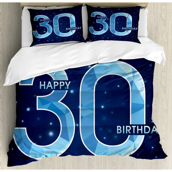30th Birthday Duvet Cover Set, Modern Design with Polygonal Effect Emblem Starry Night Sky Image, Decorative 3 Piece Bedding Set with 2 Pillow Shams, King Size, Dark Blue Turquoise, by Ambesonne