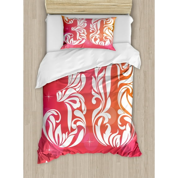 30th Birthday Duvet Cover Set Twin Size, 30 Years Old Birthday Theme with Floral Swirls Font Floral Elements, Decorative 2 Piece Bedding Set with 1 Pillow Sham, Pink Orange White, by Ambesonne