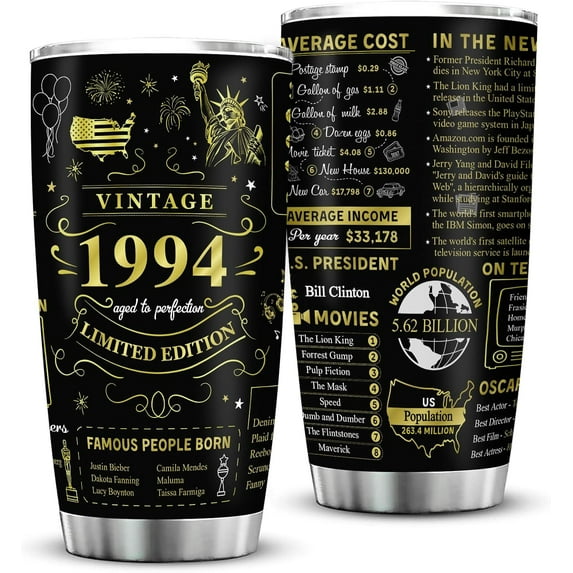 30th Birthday Gifts for Men Women Friends Vintage 1994 Tumblers 30 Year Old Birthday Supplies Back in 1994 Old Time Information Stainless Steel Vacuum Insulated Tumblers 20 oz