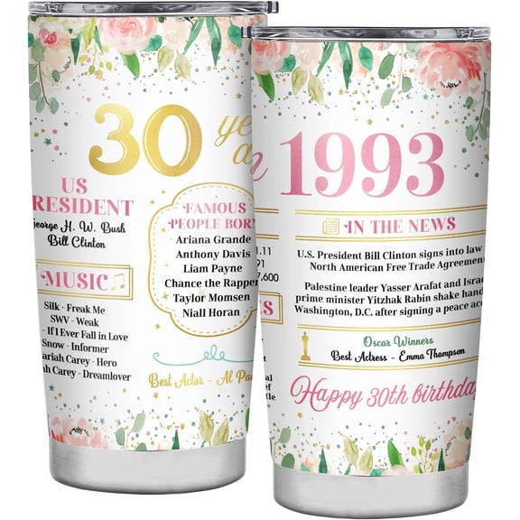 30th Birthday Gifts for Women Friends Tumbler 1993 Birthday Gifts for Women 30th Birthday Gifts for Her 30th Birthday Decorations 30 Year Old Birthday Gifts Travel Tumbler 20OZ