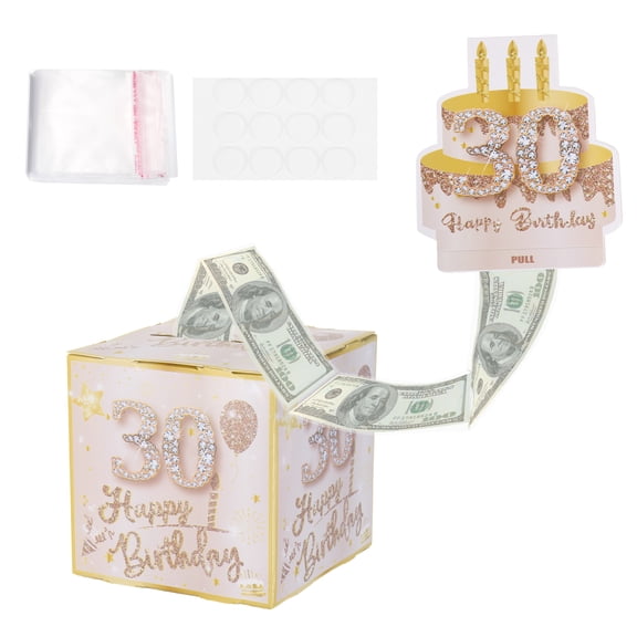 30th Birthday Money Box for Cash Gift, Birthday Money Pull Box with 100pcs Transparent Bags for Birthday Surprise Card Party Decorations Women Girl Best Friend, Pink Gold
