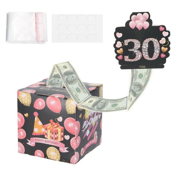 30th Birthday Money Box for Cash Gift, Birthday Money Pull Box with 100pcs Transparent Bags for Birthday Surprise Card Party Decorations Women Girl Best Friend, Pink