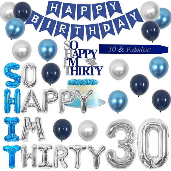30th Birthday Party Decorations Blue and Silver Men - So Happy I’m Thirty Balloons Cake Topper Number 30 Foil Balloon Happy Birthday Banner 30 and Fabulous Sash for Him