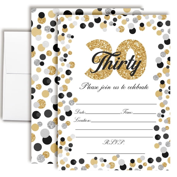 30th Birthday Party Invitations Gold & Silver Confetti Design, Fill-In Cards with Envelopes, 5x7 Size, Set of 20