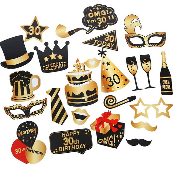 30th Birthday Photo Booth Props, 24 Pack Birthday Party Supplies, Selfie Props, Party Favors for Cocktail Parties, Black and Gold Party Favors Supplies Funny Decorations