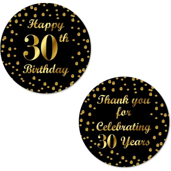 30th Birthday Round 2 Inch Big Glossy Stickers, Thank You for Celebrating 30 Years Black and Gold Labels, Great for Party Favors, Decorations, Tags, Gift Bags and Supplies