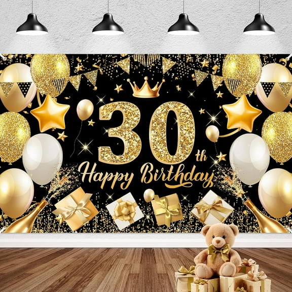 30th Black Gold Happy Birthday Banner Backdrops Decoration, 30th Birthday Backdrop Sign for Photography, Birthday Party Photo Backgrounds Banner Decor for Men Women