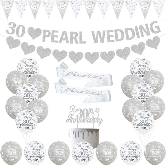 30th Pearl Wedding Anniversary Decorations 30th Silver Anniversary Balloons Banner Heart Rings Cake Topper Satin Sash for 30th Couple Pearl Wedding Anniversary Party Supplies