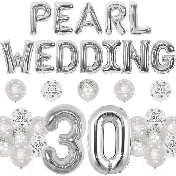 30th Pearl Wedding Anniversary Decorations - Pearl Wedding Balloons Banner, 30th Pearl Anniversary Printing Balloons, 30 Foil Number Balloons for Happy 30th Anniversary Decorations