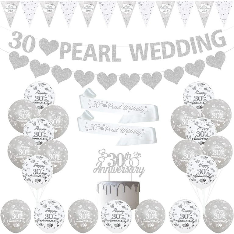 30th Pearl Wedding Anniversary Decorations 30th Silver Anniversary Balloons  Banner Heart Rings Cake Topper Satin Sash for 30th Couple Pearl Wedding  Anniversary Party Supplies 