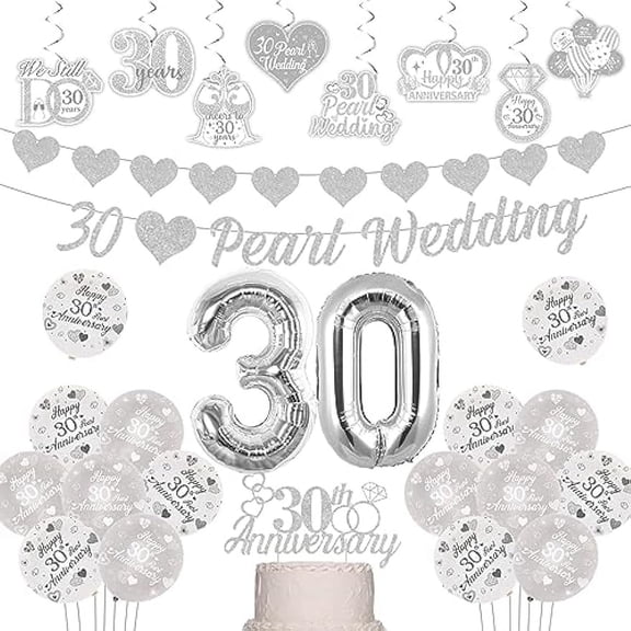 30th Pearl Wedding Anniversary Decorations, We Still Do 30 Years Cheers to 30 Years Anniversary Celebration Party Supplies - Balloon Cake Topper Hanging Swirls Silver Love Garland Banner