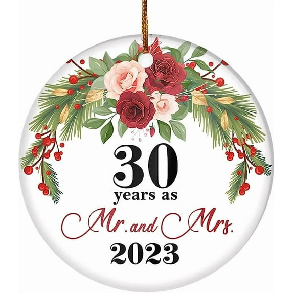 30th Wedding Anniversary Ornament, Floral Christmas Keepsake for Married Couples, Mr and Mrs Milestone Gift, Elegant Ceramic Tree Decoration for Husband and Wife