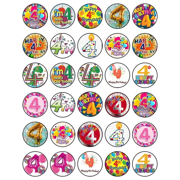30x 4th Birthday Cupcake Toppers  Edible Happy Birthday Dcor, Wafer Sheet Cake Decorating