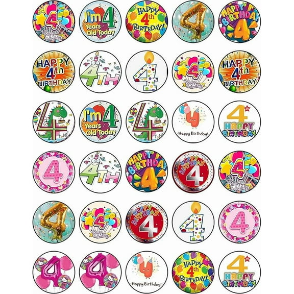 30x 4th Birthday Cupcake Toppers  Edible Happy Birthday Dcor, Wafer Sheet Cake Decorating