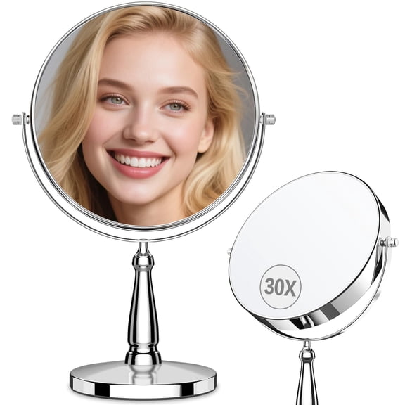 30x Magnifying Sliver Metal Makeup Mirror with Desk Stand, 8 Inch
