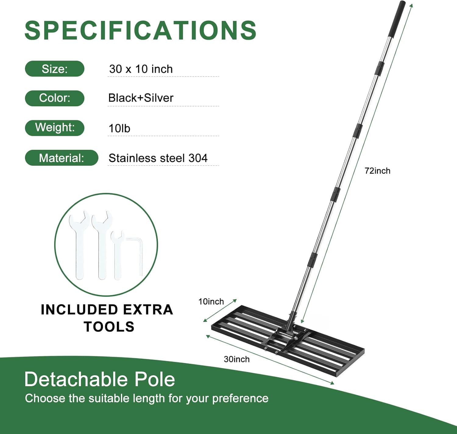 72" Lawn Leveling Rake - 30x10 inch Lawn Leveler Tool with Stainless Steel Handle for Golf Course, Yard, Pasture, and Garden