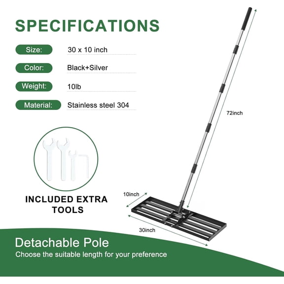 30x10 inch Lawn Leveling Rake, 72" Effort Saving Lawn Leveler Tool, Stainless Steel Handle Lawn Leveler for Golf Course Yard Pasture Garden, Professional Lawn Care Landscape Rake