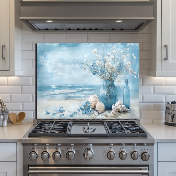 30x14 Inch Flowers Print Splash Guard - Tempered Glass Waterproof Backsplash, Easy Clean Heat Resistant Wall Art