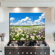 30x14 Inch Floral Tempered Glass Splash Guard - Waterproof Kitchen Backsplash, Heat-Resistant & Easy Clean Wall Decor for Farmhouse & Modern Homes
