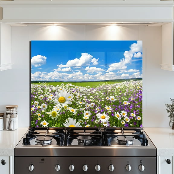 30x14 Inch Floral Tempered Glass Splash Guard - Waterproof Kitchen Backsplash, Heat-Resistant & Easy Clean Wall Decor for Farmhouse & Modern Homes