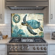 30x16 Inch Turtle Tempered Glass Splash Panel - Waterproof Kitchen Backsplash, Durable Easy Wipe Clean Coastal Wall Decor