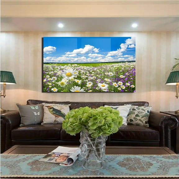 30x16inch Flower printed Tempered Glass Splash Guard Wall Art Waterproof Heat-Resistant Easy Clean Kitchen Sink Cover with Prints Decorative Backsplash for Home Kitchen Wall Decor