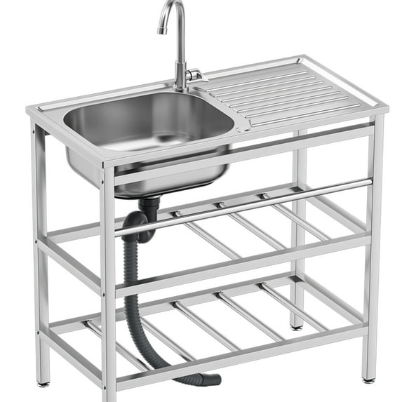 30x16x30 Inch Outdoor Stainless Freestanding Kitchen Utility Sink with Single Bowl and Storage Rack for Laundry Vanity Sink with Hot and Cold Water Pipe