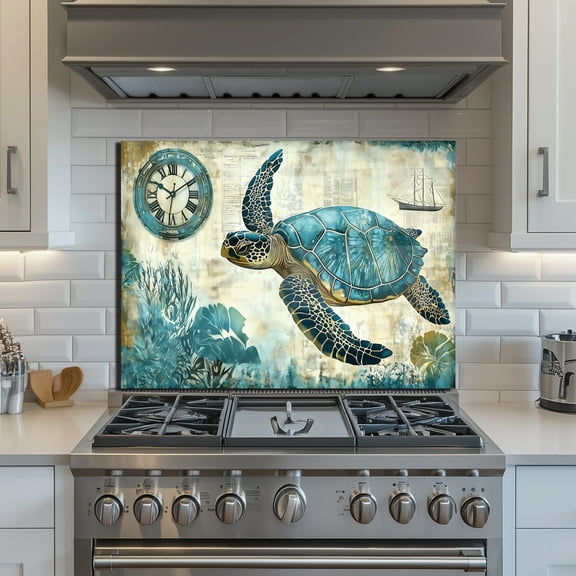 30x18 Inch Turtle Print Splash Guard - Tempered Glass Waterproof Backsplash, Heat Resistant Nautical Kitchen Wall Art