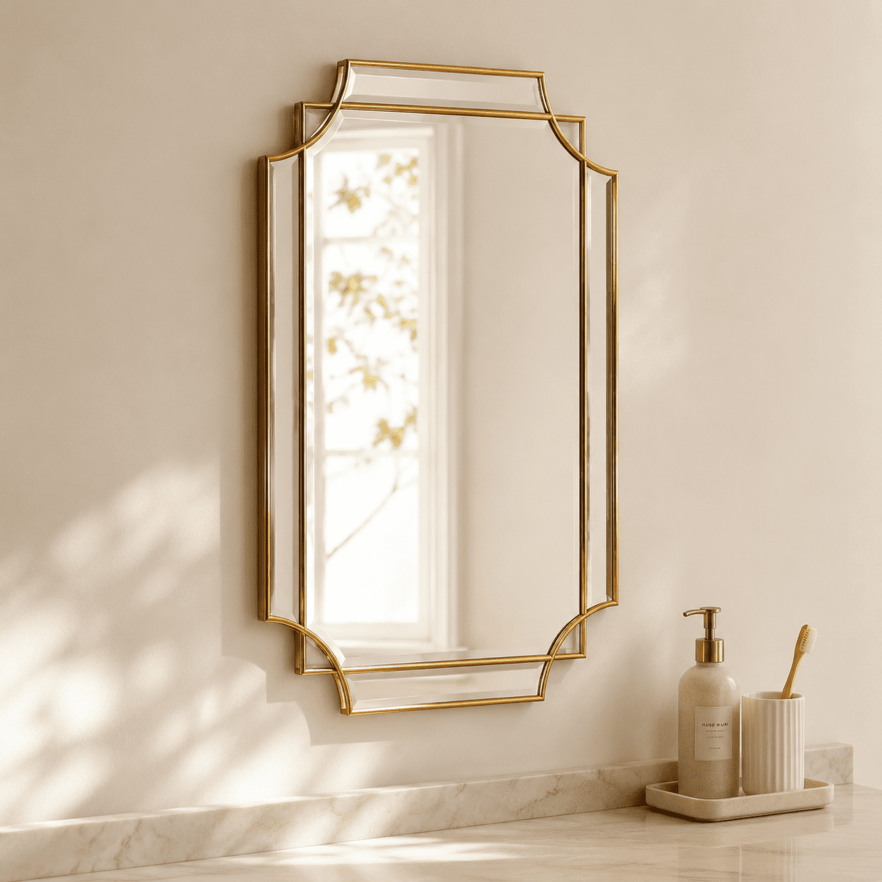 30x20 Inch Bathroom Mirror Wooden Frame With Scalloped Polished Beveled ...