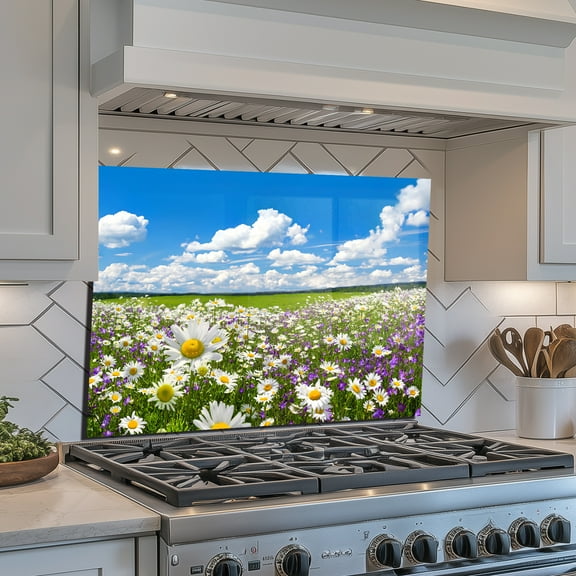 30x20 Inch Extra Large Floral Tempered Glass Splash Guard - Waterproof Kitchen Wall Art, Stain Resistant Modern Backsplash Panel