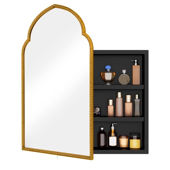 30x20 inch Antique Bathroom Medicine Cabinet with Mirror, Recessed or Surface Wall-Mounted Metal Framed Mirror Vanity Cabinet with Inner Storage Shelves, Black