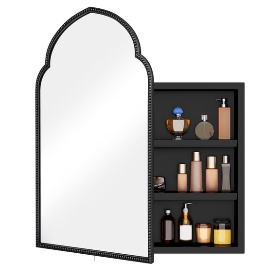 30x20 inch Antique Bathroom Medicine Cabinet with Mirror, Recessed or Surface Wall-Mounted Metal Framed Mirror Vanity Cabinet with Inner Storage Shelves, Black