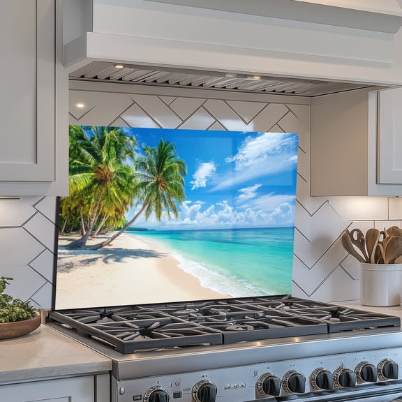 30x20inch Beach Tree Sea printed Tempered Glass Splash Guard Wall Art Waterproof Heat-Resistant Easy Clean Kitchen Sink Cover with Prints Decorative Backsplash for Home Kitchen Wall Decor