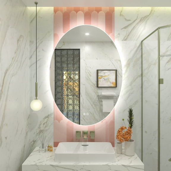 Apmir 30x22 Oval LED Wall Mirror with Backlit, Frameless Anti Fog LED Bathroom Vanity Mirror，Dimmable 3 Colors, Memory Function