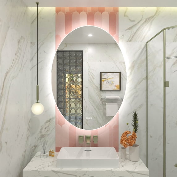 GODCHAR 30x22 Oval LED Wall Mirror with Backlit, Frameless Anti Fog LED Bathroom Vanity Mirror,Dimmable 3 Colors, Memory Function