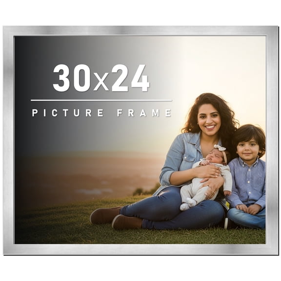 30x24 Frame Silver Stainless Steel Solid Wood Picture Frame | 0.75 Inch Moulding Width | Includes