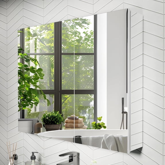 30x24 Inch Recessed Medicine Cabinet with Mirror, Aluminum Medicine Cabinet Mirror, Recessed or Surface Mount with 2 Adjustable Shelves Storage Organizer, Pre-Assembled Door, Soft-Closed System